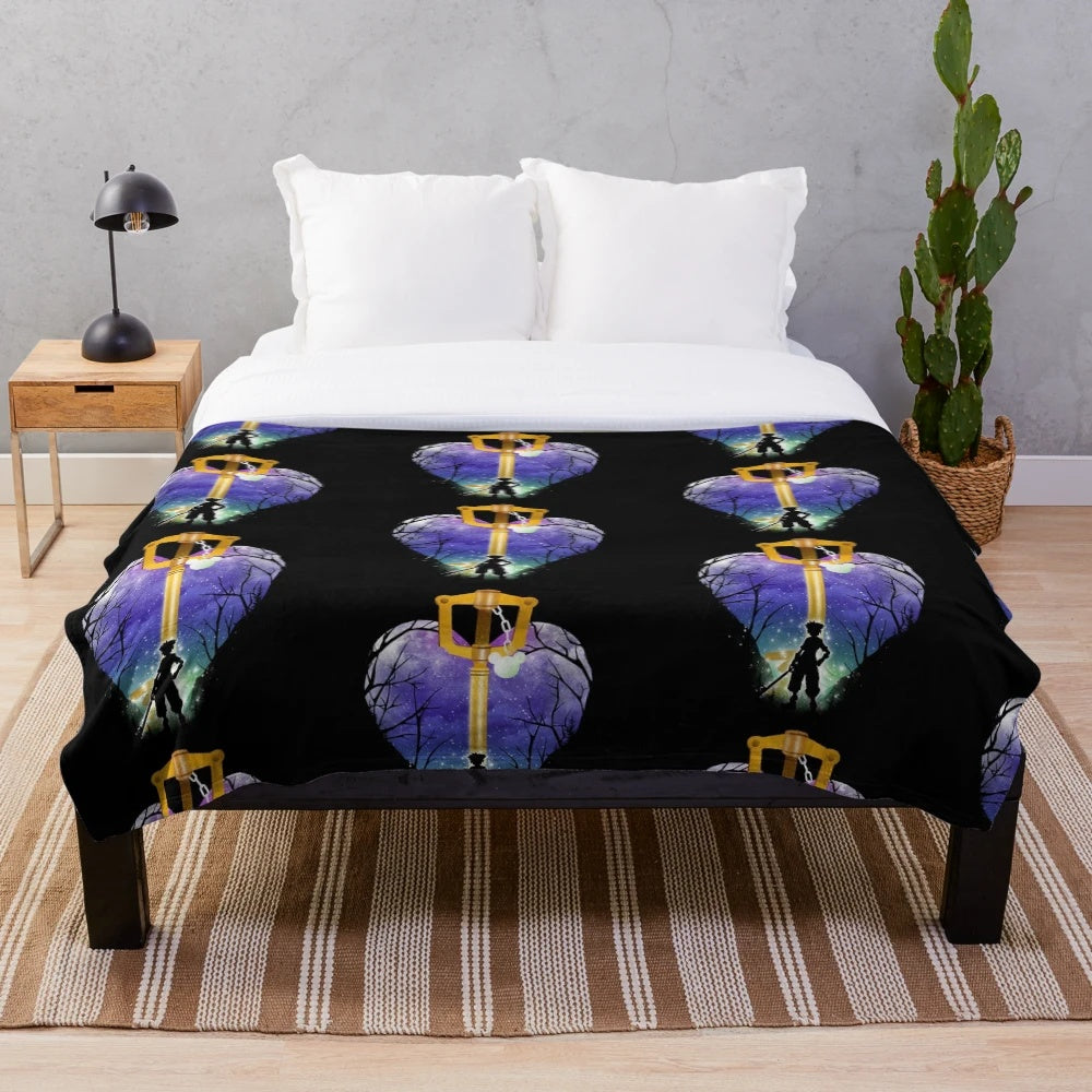 Keyblade-inspired plush blanket featuring a fantasy landscape