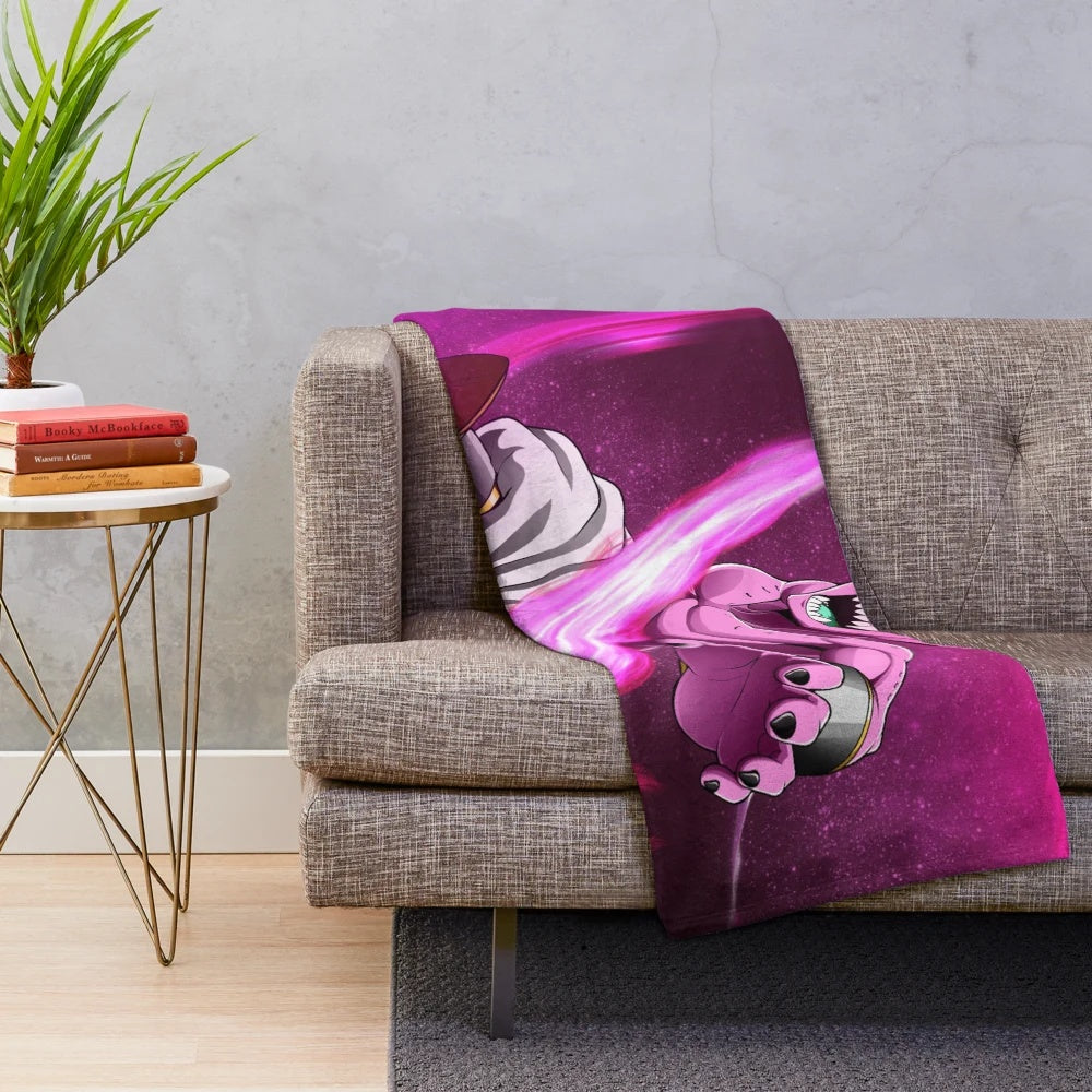 Kid Buu-themed plush blanket with dragon ball anime design