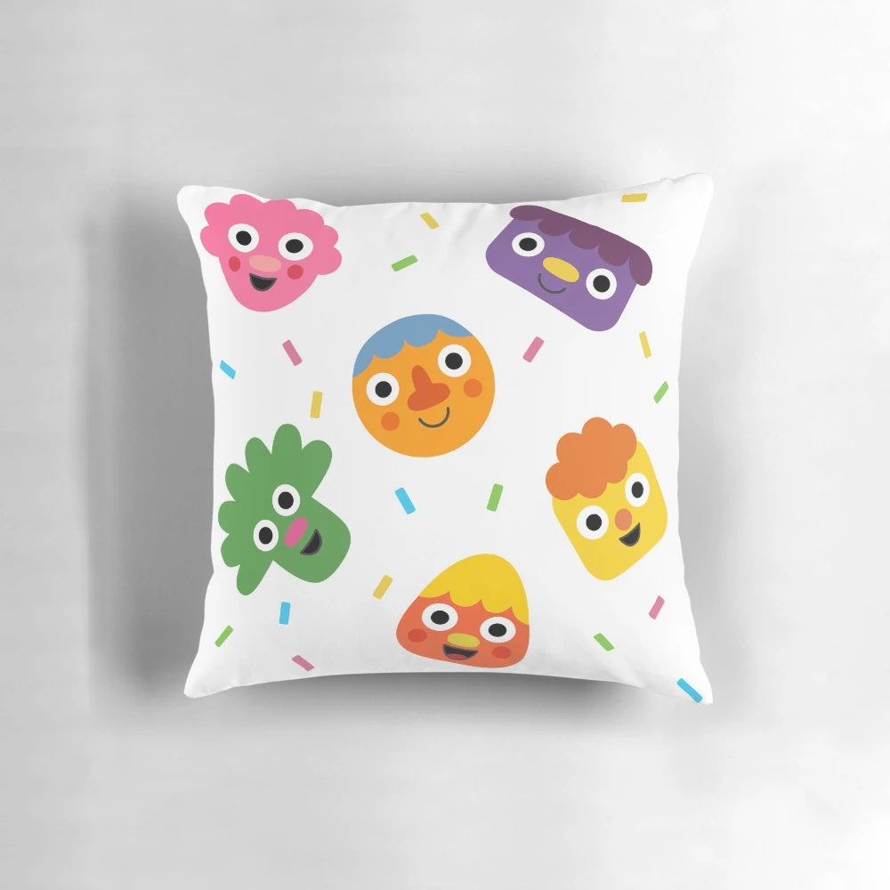 Soft and plush pillow featuring whimsical music-themed designs, perfect for children's bedrooms and play areas.