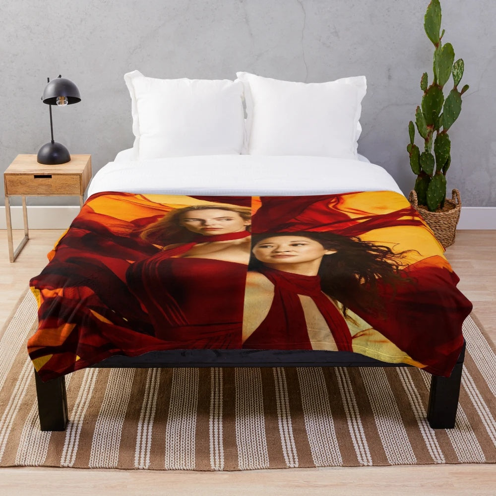 Killing Eve inspired plush blanket with characters Villanelle and Eve