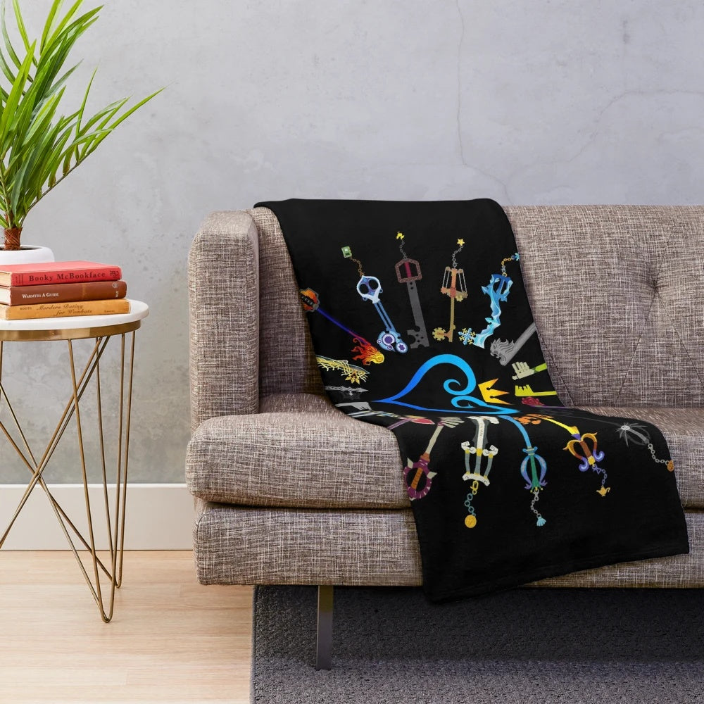 Kingdom Hearts inspired plush blanket featuring keyblades and hearts