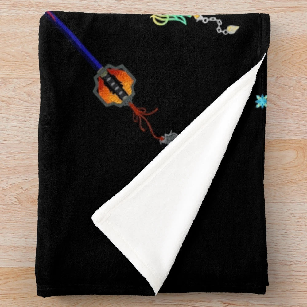 Kingdom Hearts inspired plush blanket featuring keyblades and hearts