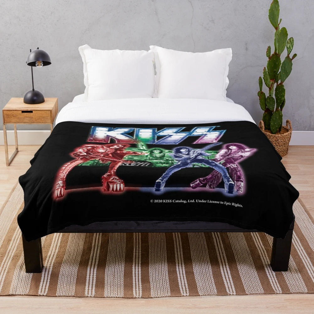 KISS band inspired plush blanket with the iconic KISS band members