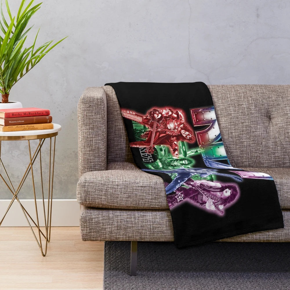KISS band inspired plush blanket with the iconic KISS band members