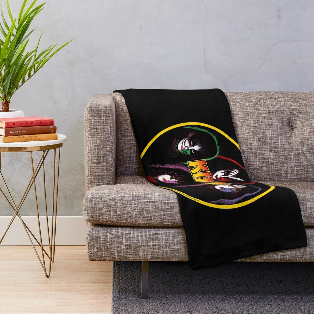 Plush blanket featuring the iconic Kiss band logo and members