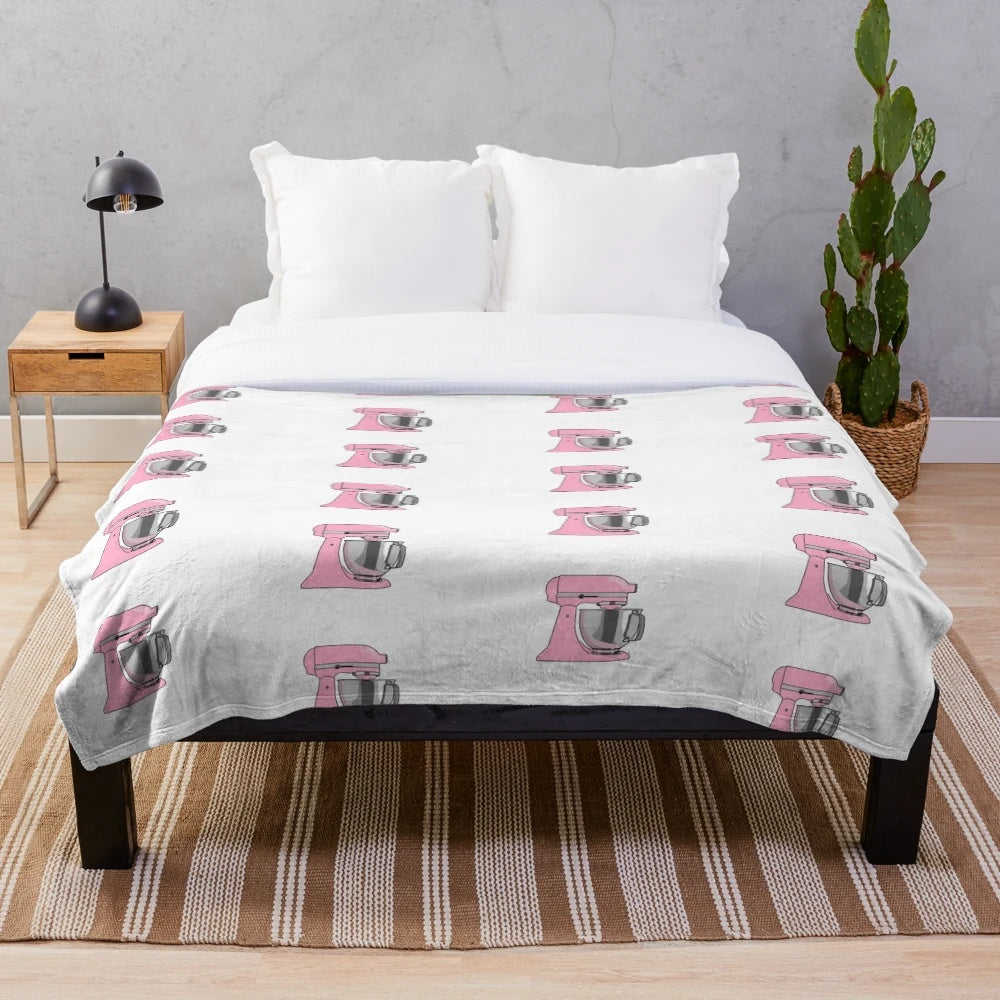 Soft and fluffy plush blanket featuring a kitchen mixer design for baking and cooking enthusiasts