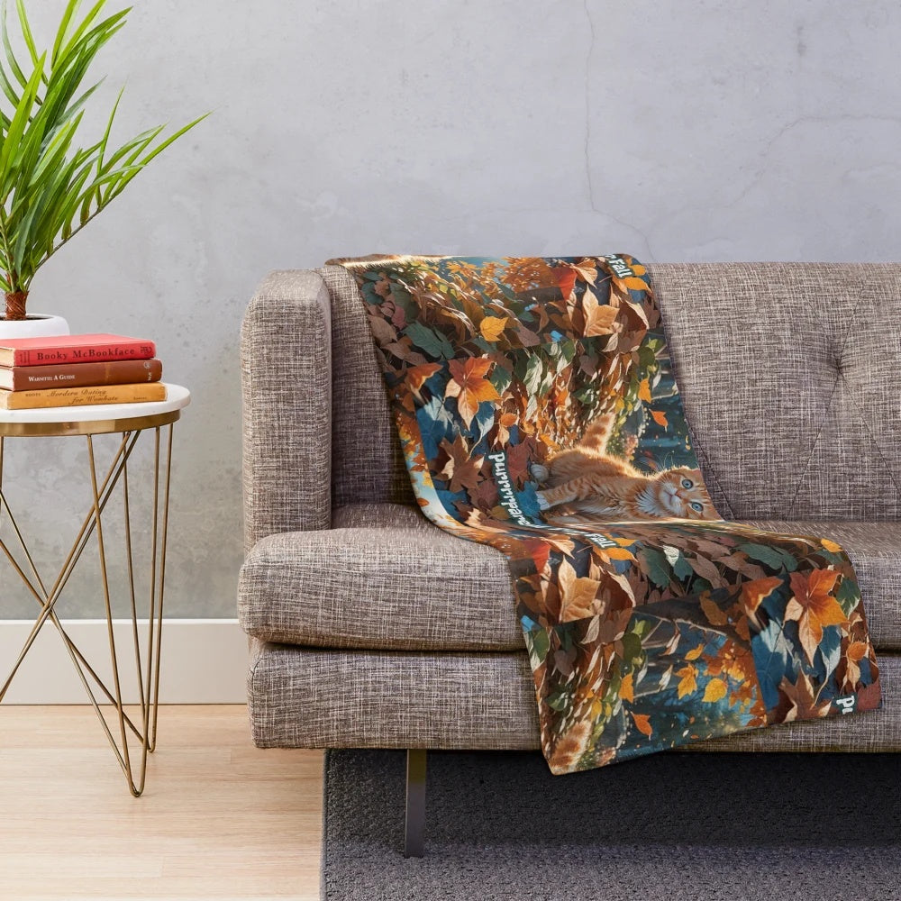Soft and cuddly plush blanket featuring an adorable kitten design, perfect for fall