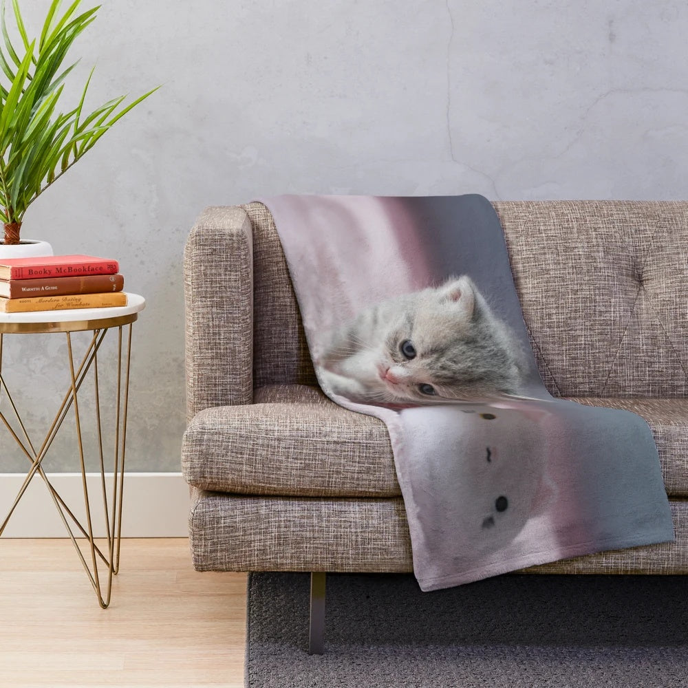Soft, plush kitten-themed blanket in pastel colors