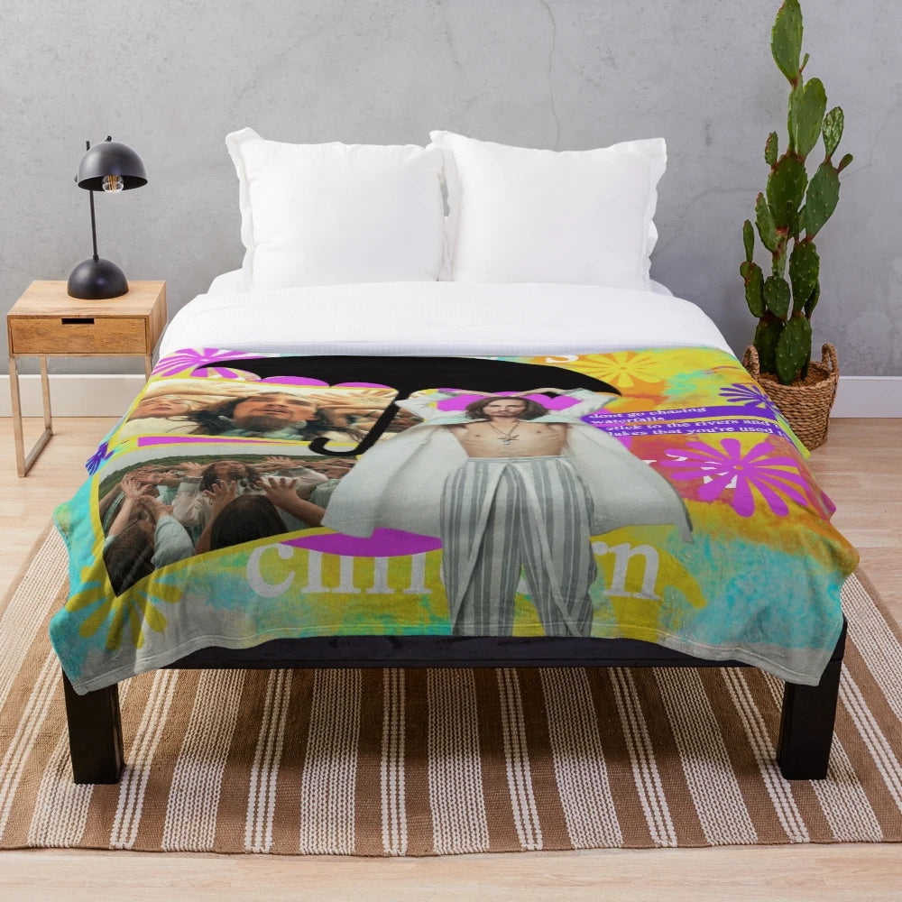 Klaus Hargreeves plush blanket from The Umbrella Academy featuring the character in a bright, sunny design