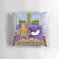 Knitted cats pillow in a cottage core style, featuring orange and tuxedo cats napping on a couch