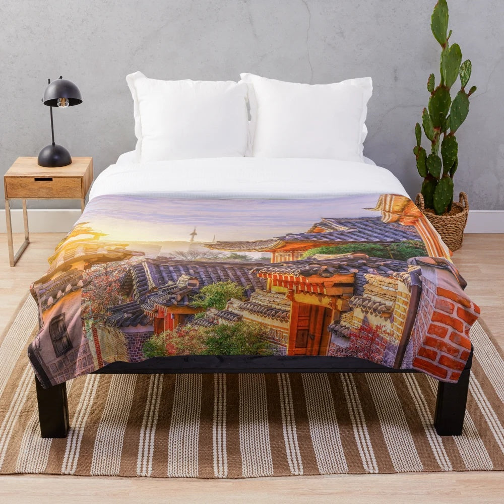Soft and warm plush blanket featuring the charming architecture of Korean traditional houses