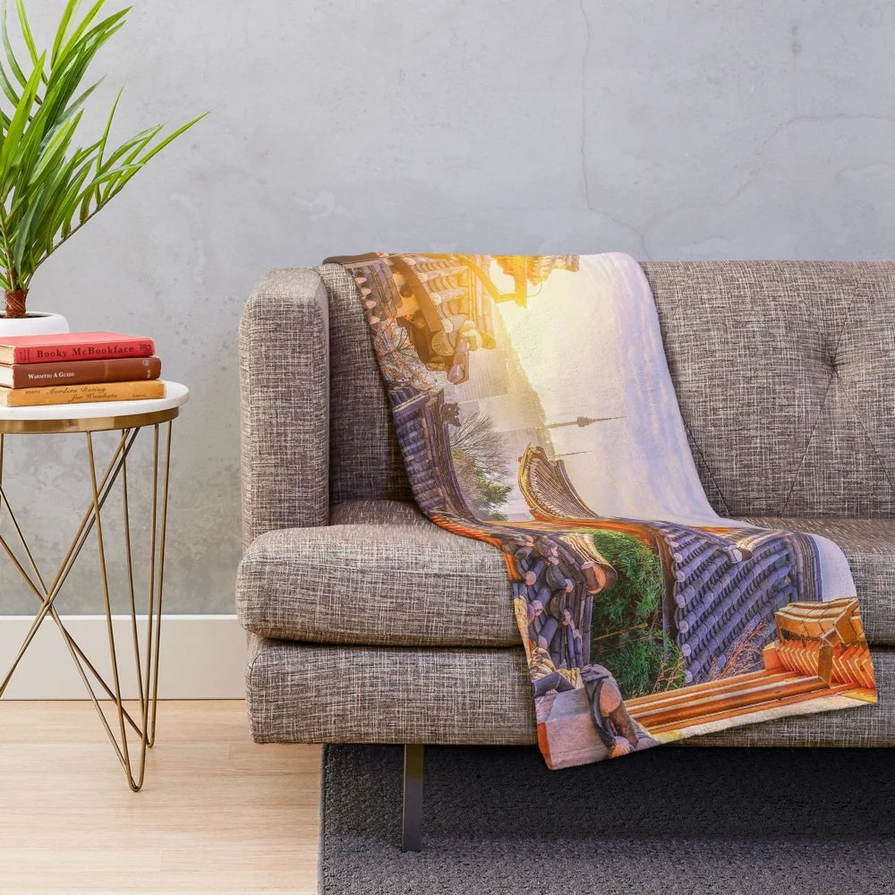 Soft and warm plush blanket featuring the charming architecture of Korean traditional houses
