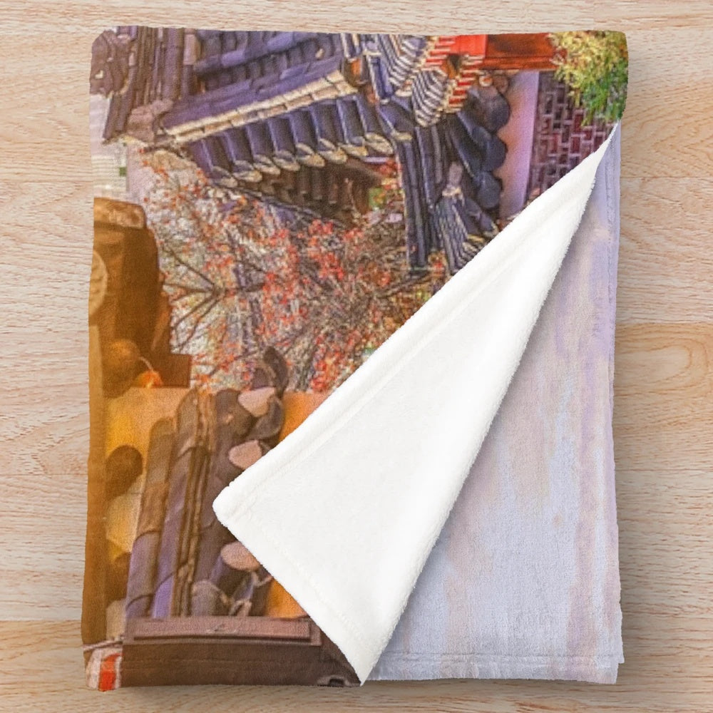 Soft and warm plush blanket featuring the charming architecture of Korean traditional houses