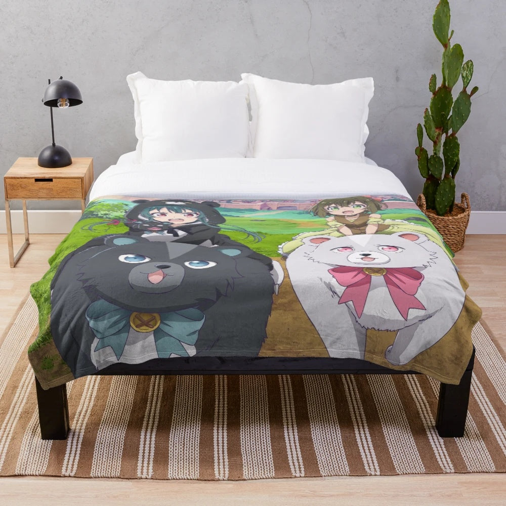 Kuma Kuma Kuma Bear plush blanket featuring the anime characters Yuna and Fina