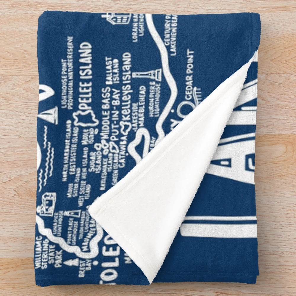 Lake Erie map design printed on a plush, soft blanket