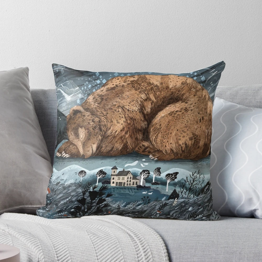 A nature-inspired lake house pillow featuring a bear illustration, perfect for cozy home decor.