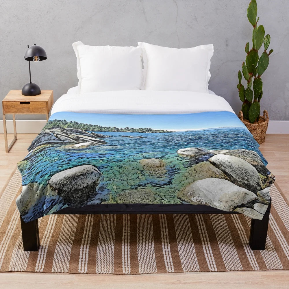 Lake Tahoe plush blanket featuring scenic landscape of the Sierra Nevada mountains and fall foliage