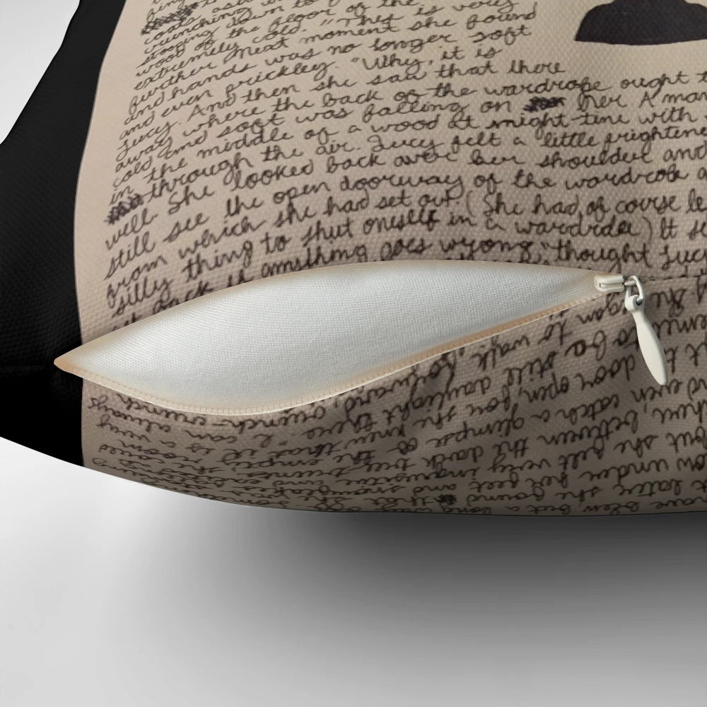 A decorative pillow featuring a sketch of a lamp post, inspired by the Chronicles of Narnia series.