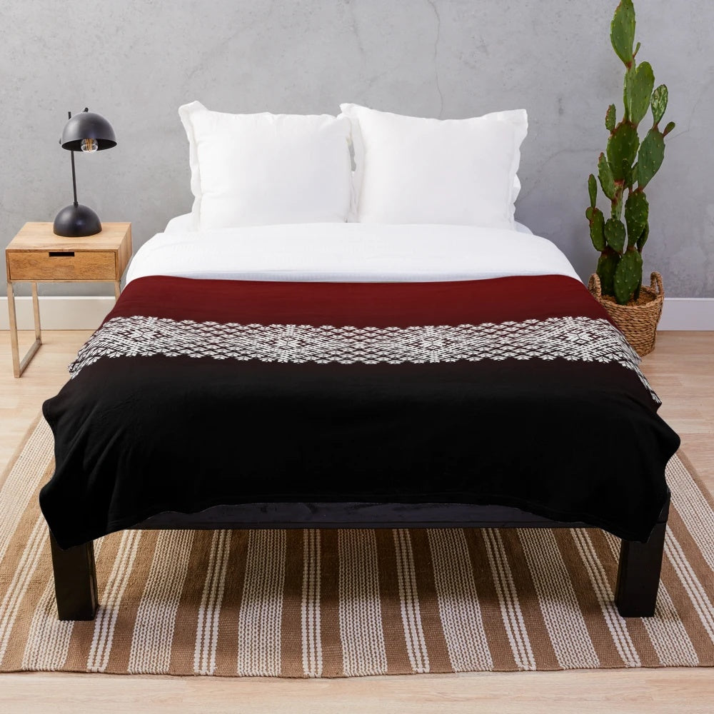 Latvian Lielvarde Belt Motif Plush Blanket in Red, Black and White