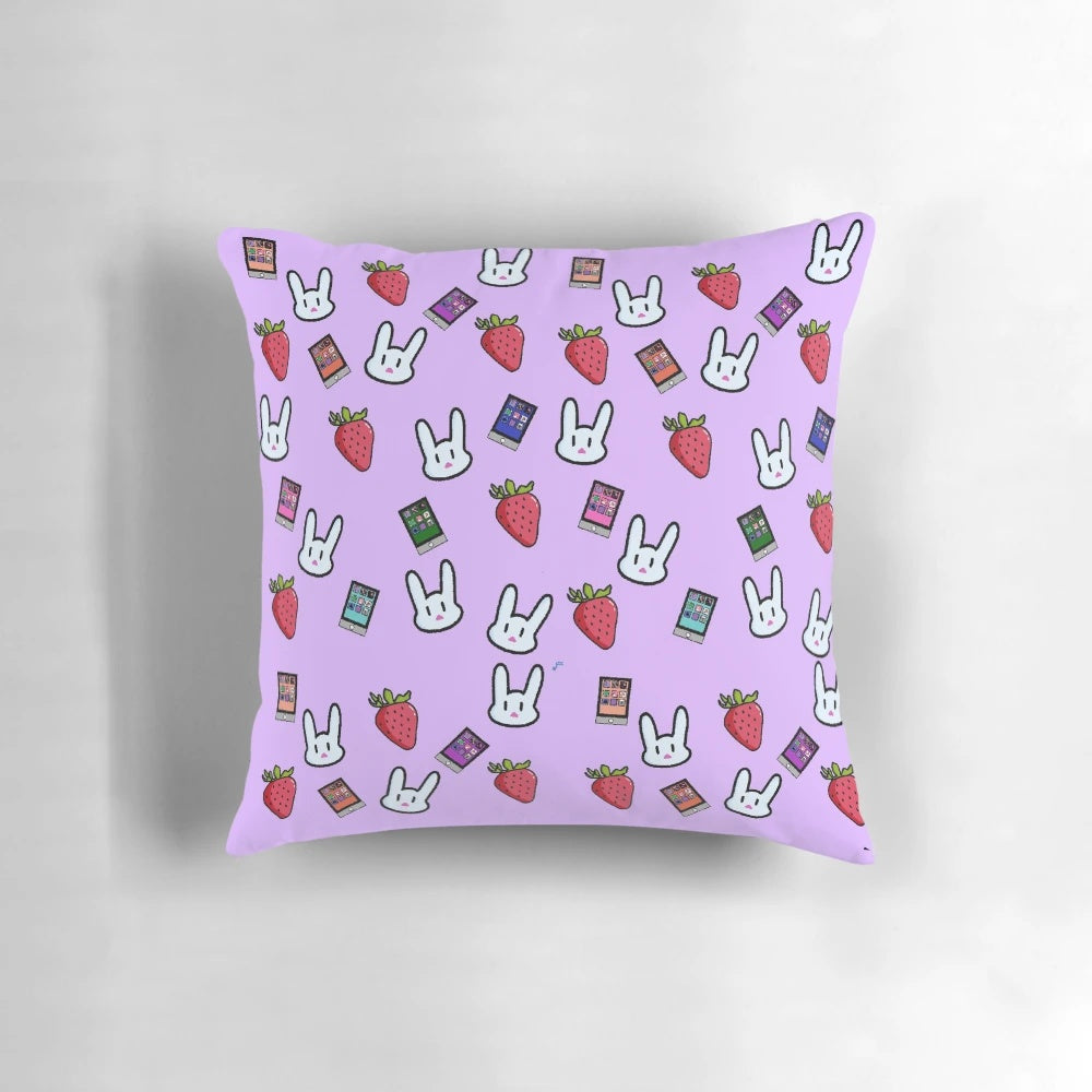 A soft, lavender-colored pillow with a cute bunny design, perfect for adding a touch of warmth and comfort to any room.