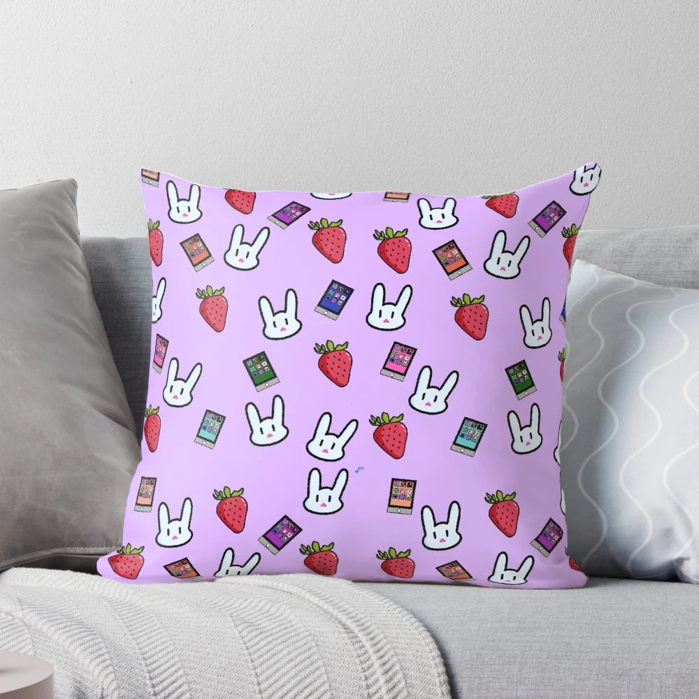 A soft, lavender-colored pillow with a cute bunny design, perfect for adding a touch of warmth and comfort to any room.