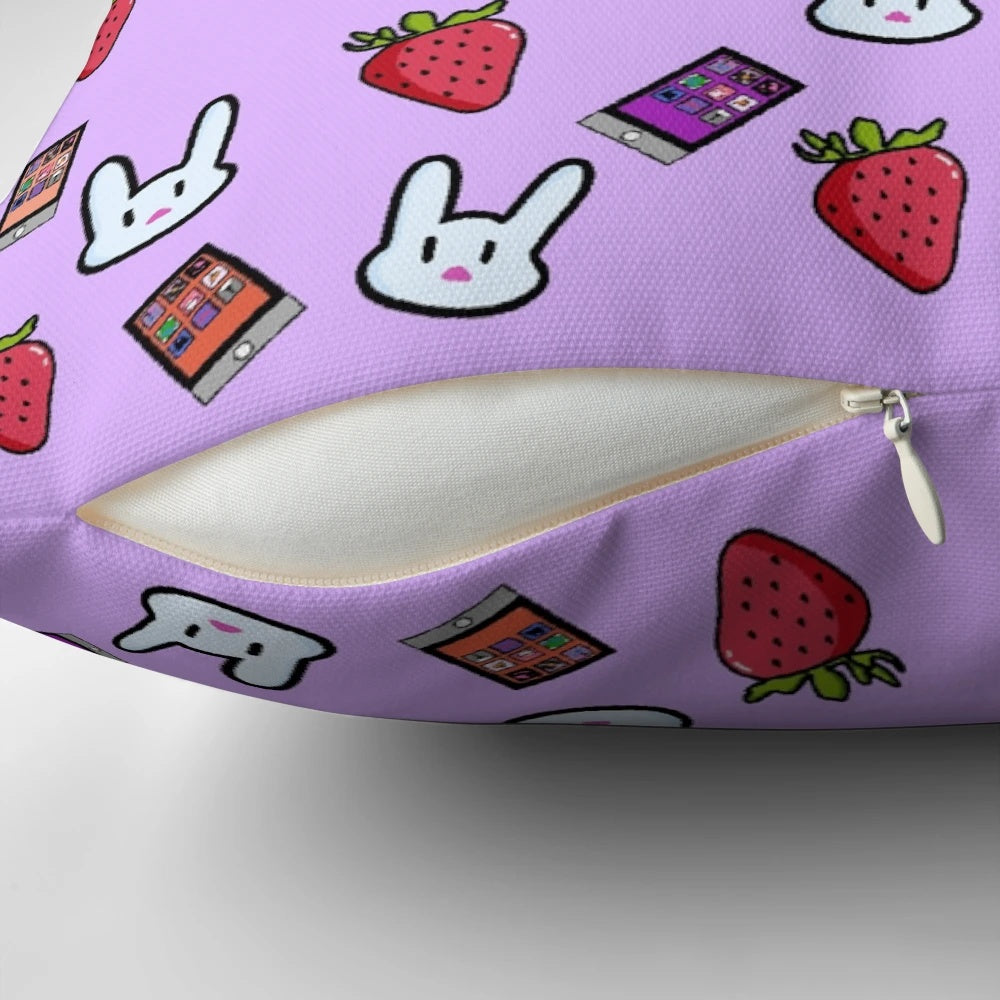A soft, lavender-colored pillow with a cute bunny design, perfect for adding a touch of warmth and comfort to any room.