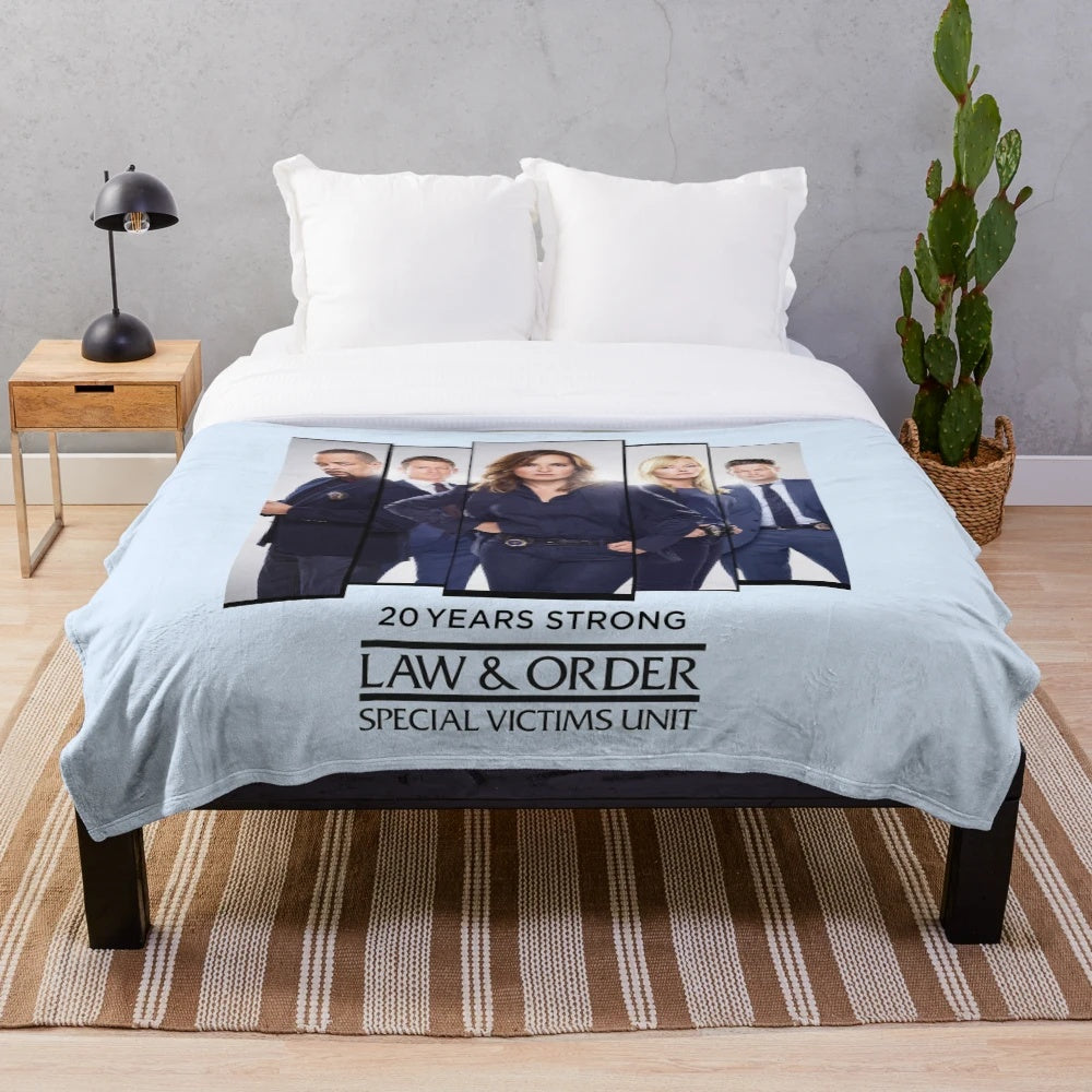 Law & Order SVU inspired plush blanket with characters and logo