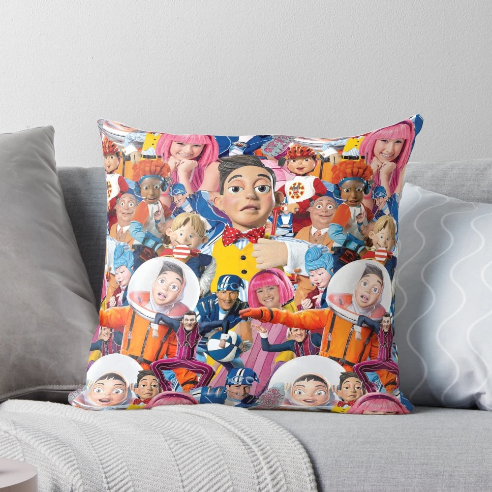 A plush Lazy Town-themed pillow featuring popular characters and memes.