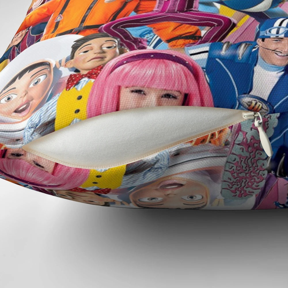 A plush Lazy Town-themed pillow featuring popular characters and memes.