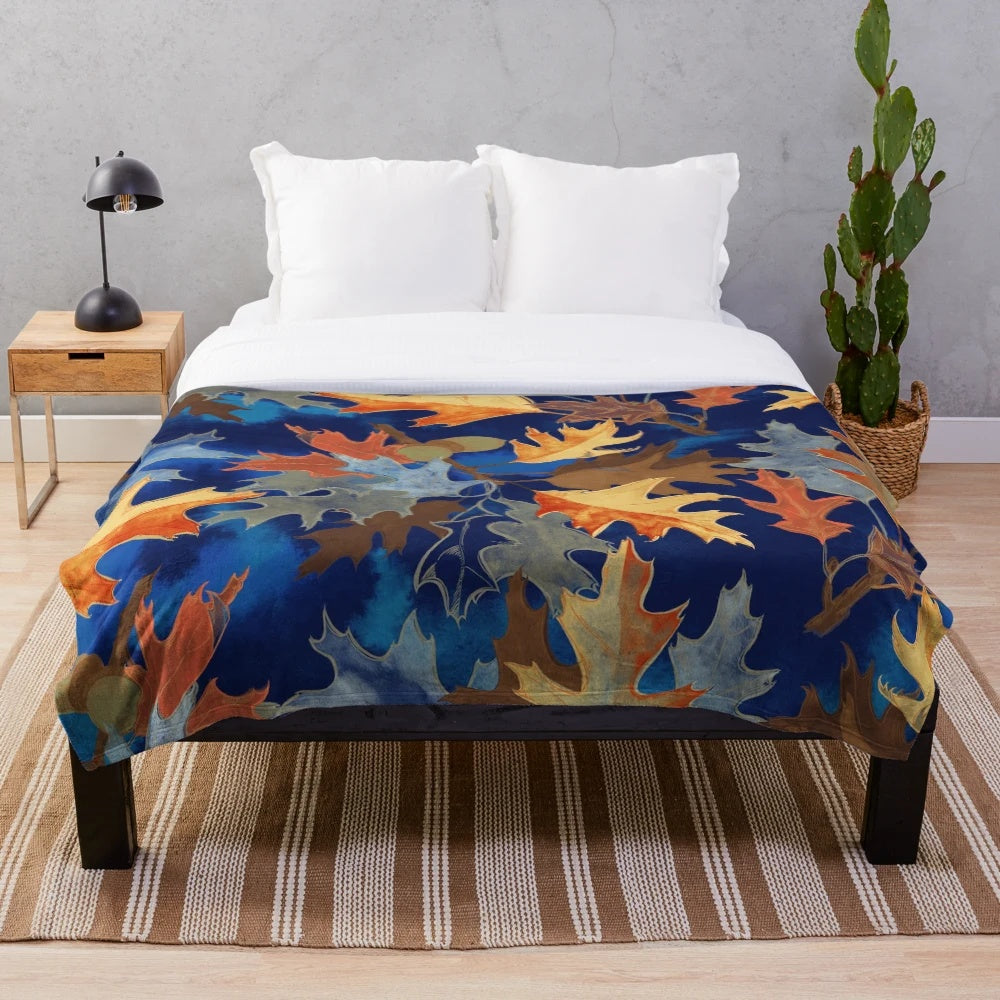 Colorful leaf print plush blanket for cozy fall and Thanksgiving home decor
