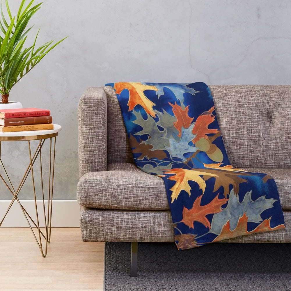 Colorful leaf print plush blanket for cozy fall and Thanksgiving home decor