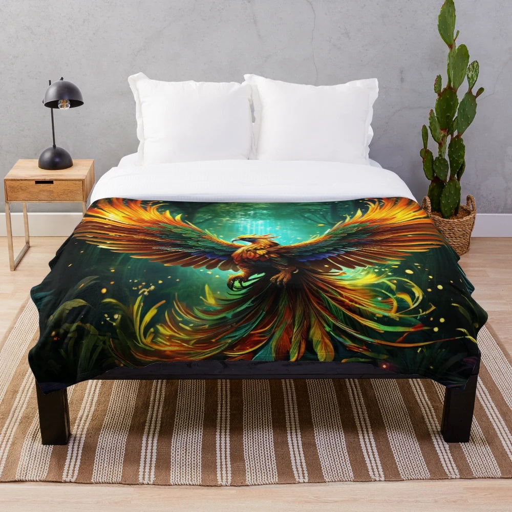 Soft and warm plush phoenix blanket for a cozy and magical home atmosphere