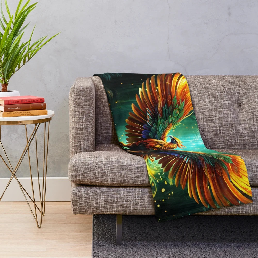 Soft and warm plush phoenix blanket for a cozy and magical home atmosphere