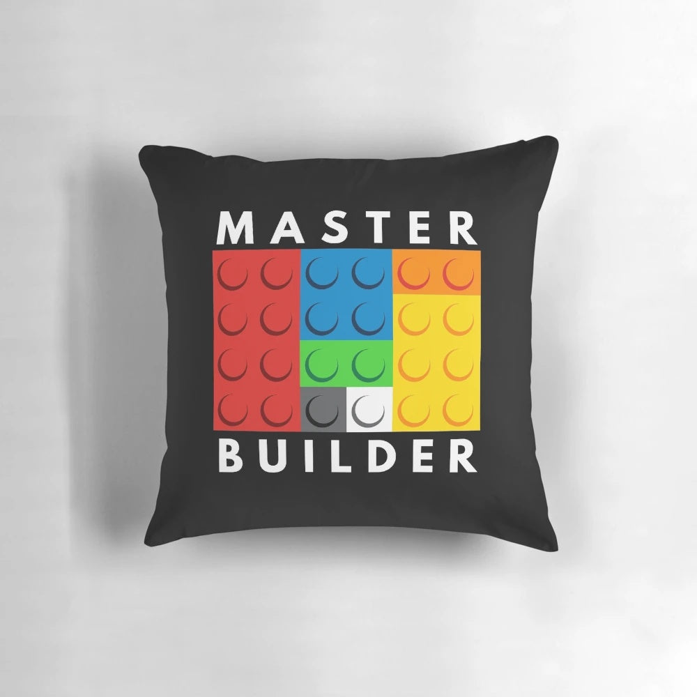 Plush Lego-inspired pillow featuring the iconic master builder design