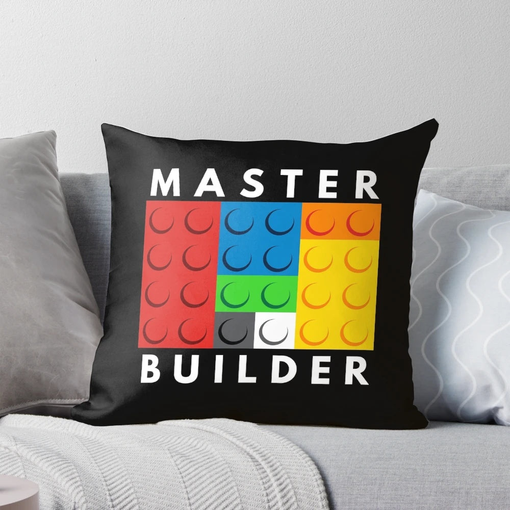 Plush Lego-inspired pillow featuring the iconic master builder design