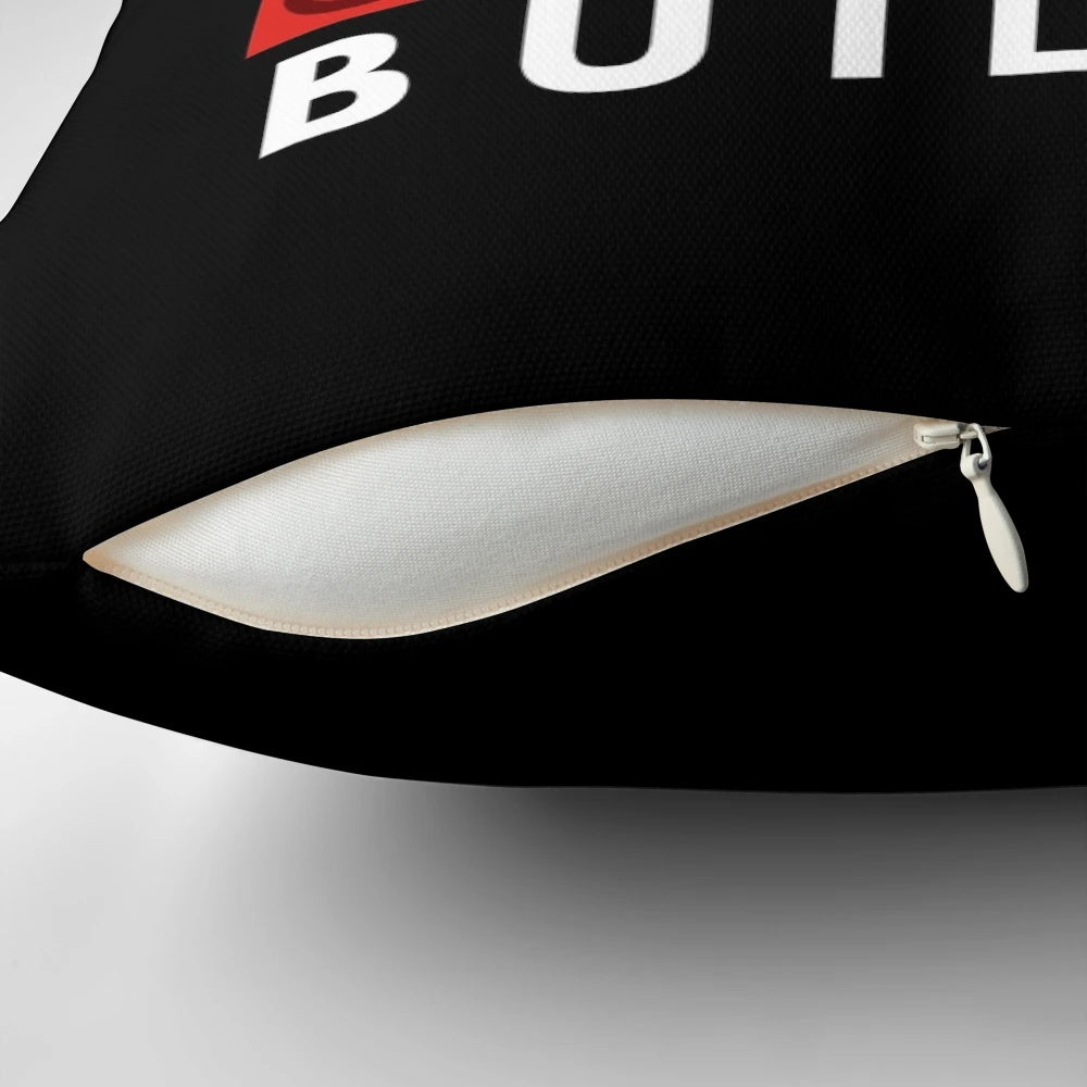 Plush Lego-inspired pillow featuring the iconic master builder design