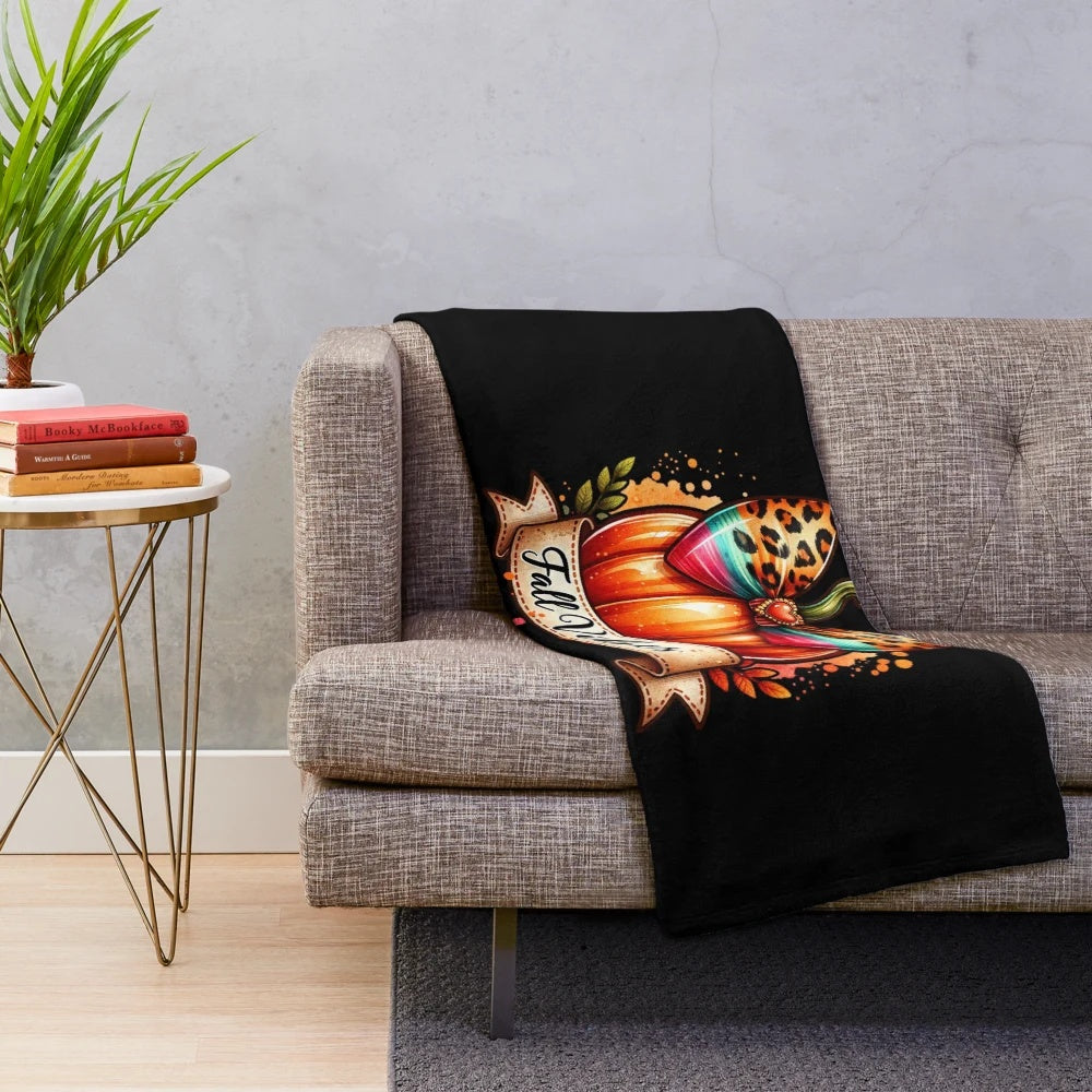 Leopard pumpkin pattern plush blanket for cozy autumn style