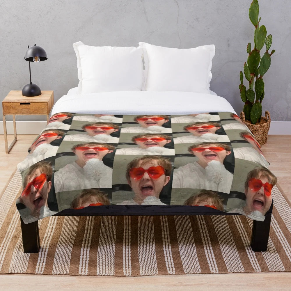 Lewis Capaldi inspired plush blanket featuring heart-shaped sunglasses