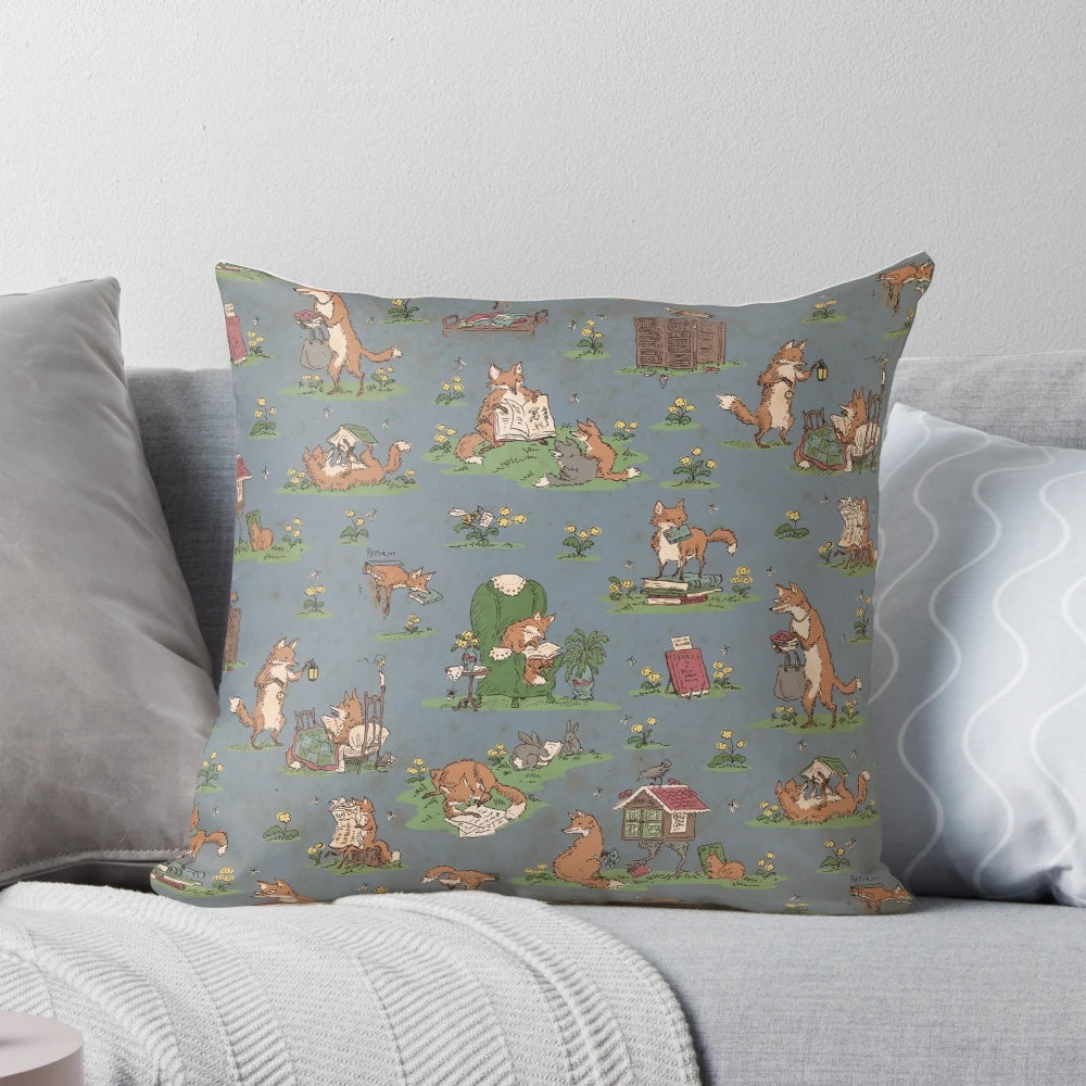 Decorative throw pillow featuring an illustrated design of foxes in a library setting