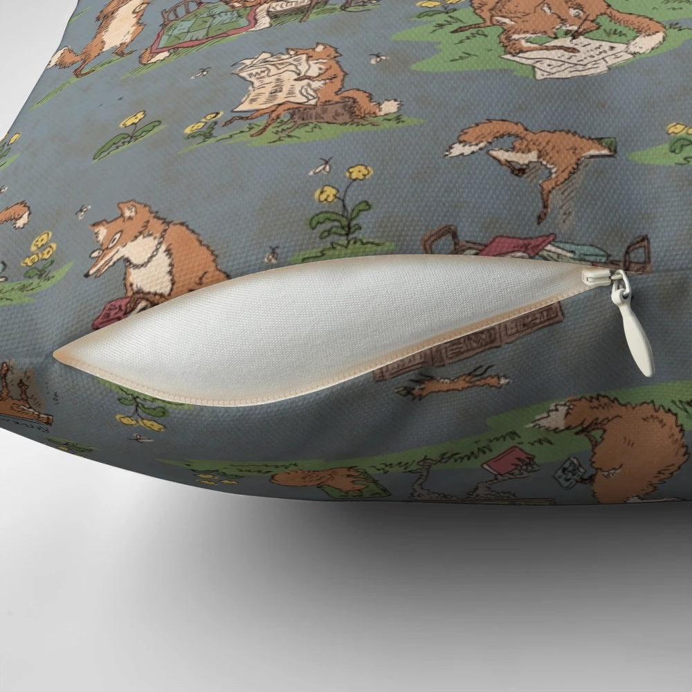 Decorative throw pillow featuring an illustrated design of foxes in a library setting
