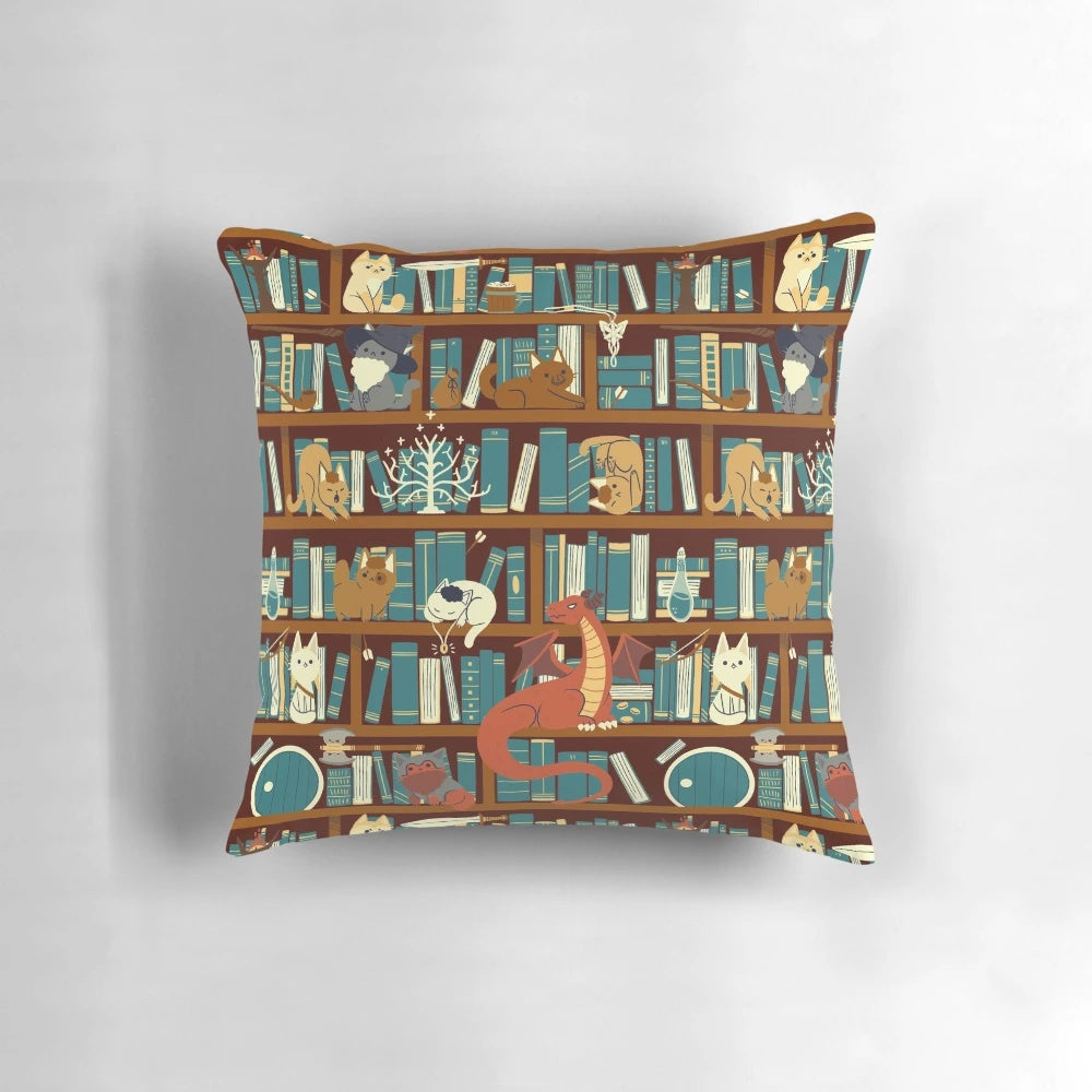 Plush pillow featuring a fantasy book and dragon design, perfect for pet owners and book enthusiasts.