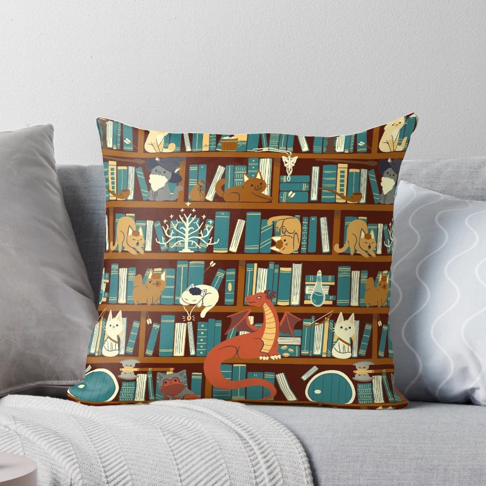 Plush pillow featuring a fantasy book and dragon design, perfect for pet owners and book enthusiasts.