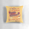 Soft, hand-lettered library pillow with open books and typography