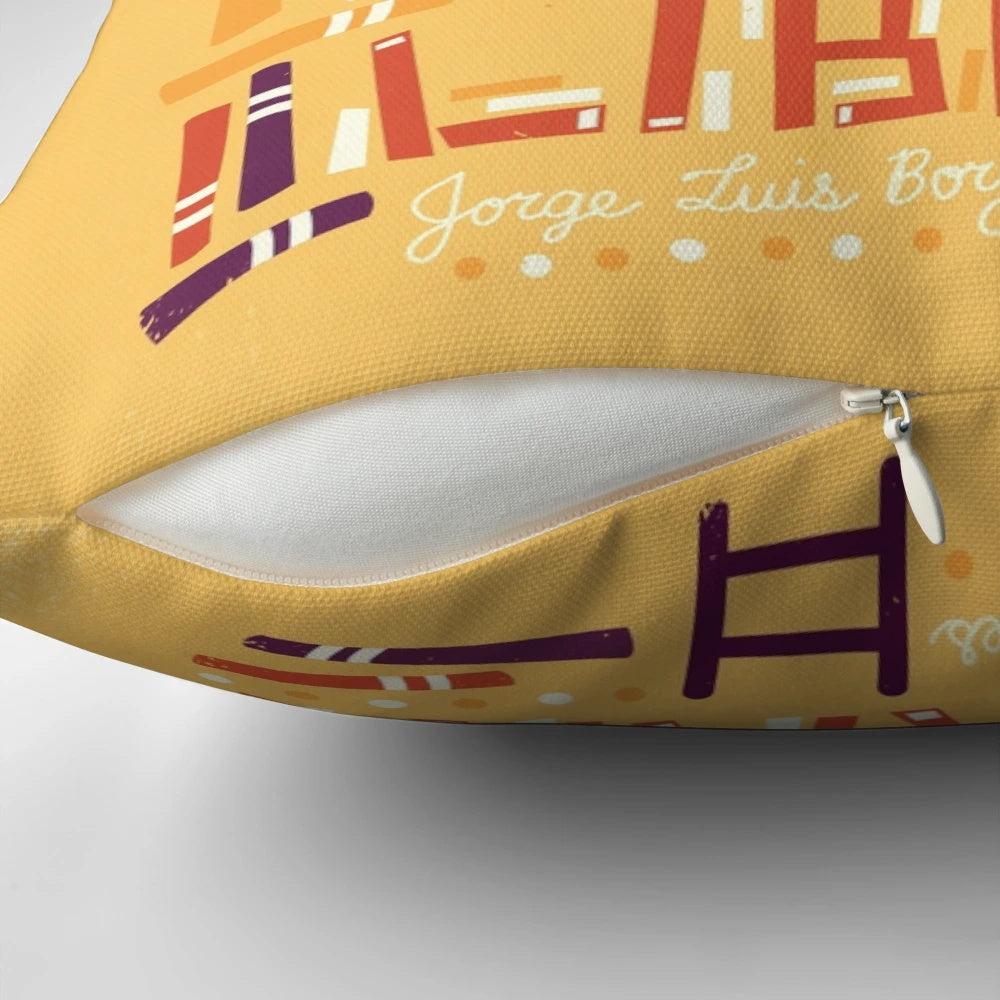 Soft, hand-lettered library pillow with open books and typography