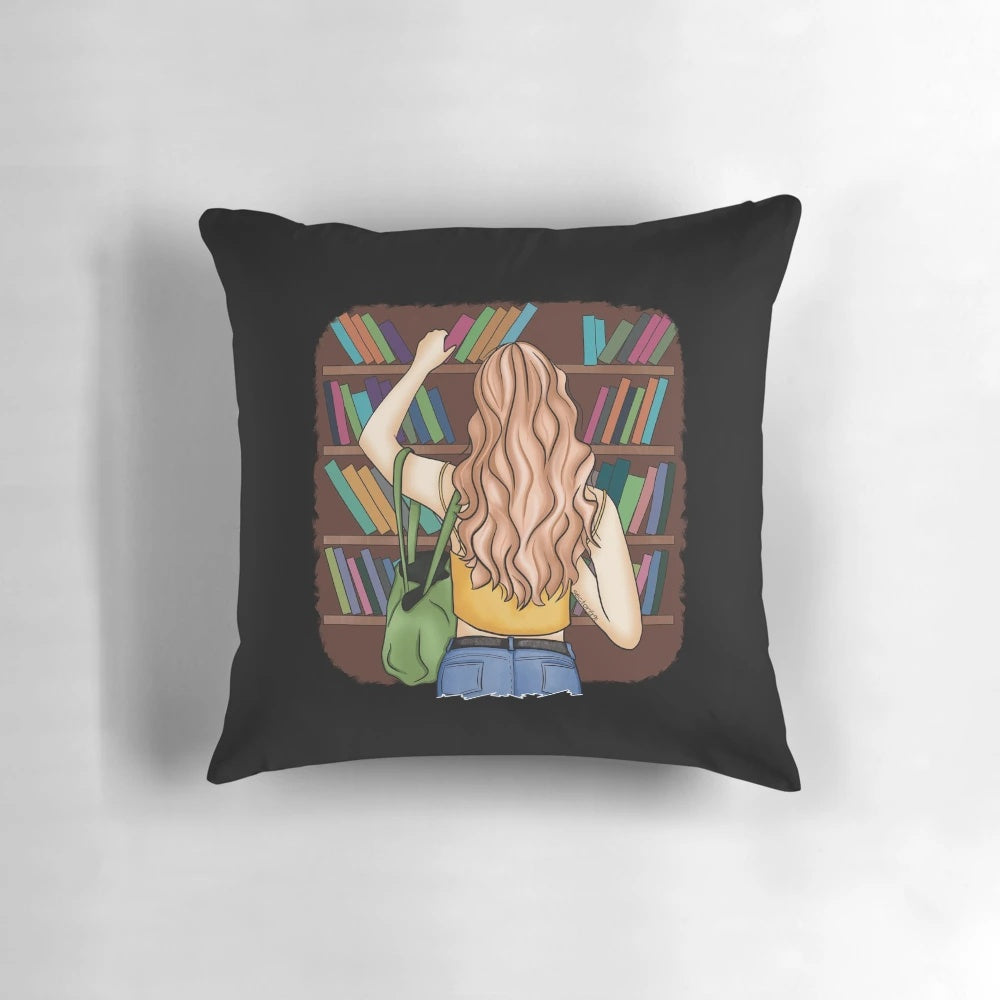 A soft, comfortable pillow with a fashion illustration design featuring a woman reading in a library setting.