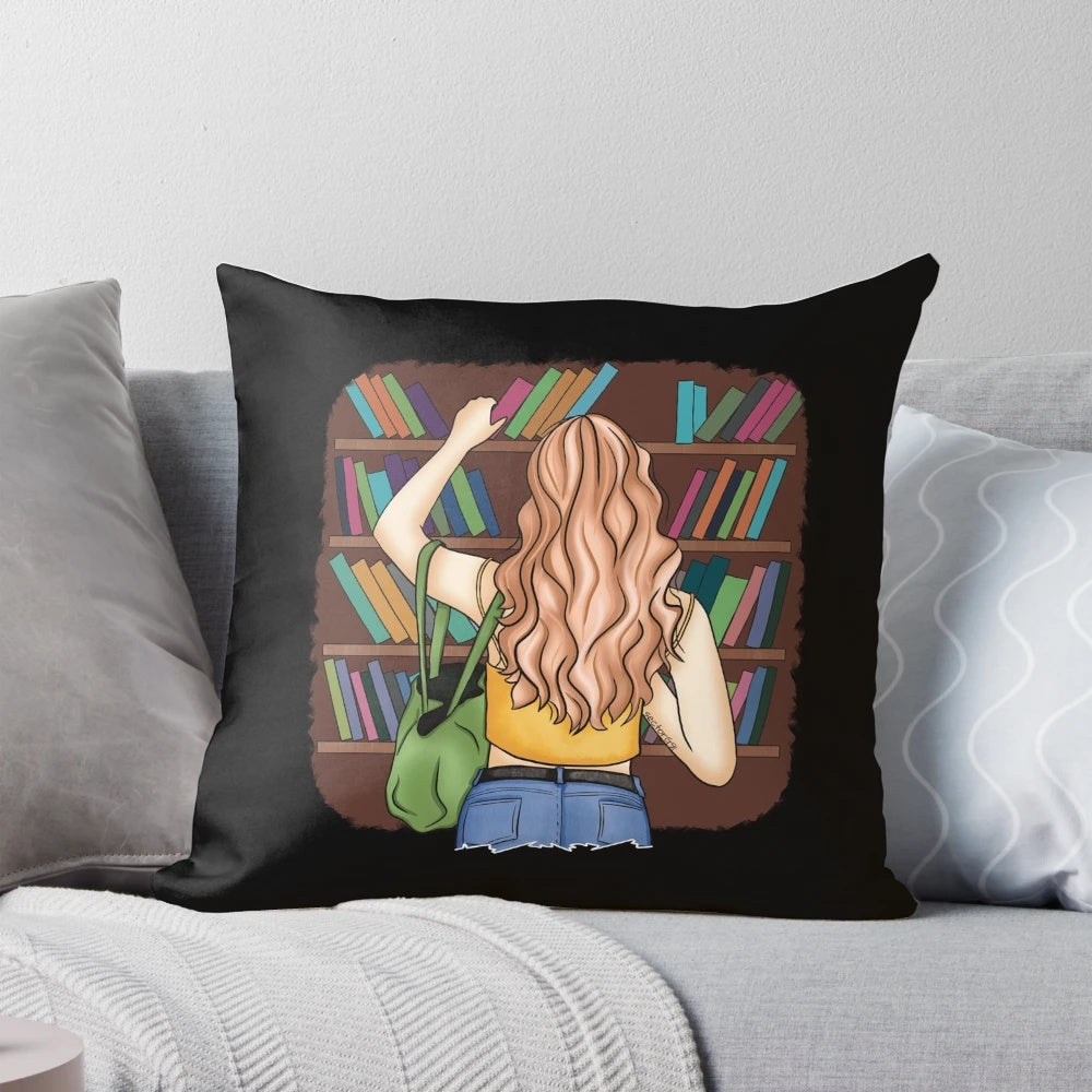 A soft, comfortable pillow with a fashion illustration design featuring a woman reading in a library setting.