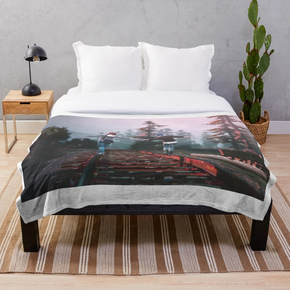 Life is Strange-inspired plush blanket featuring a railroad track design and butterflies