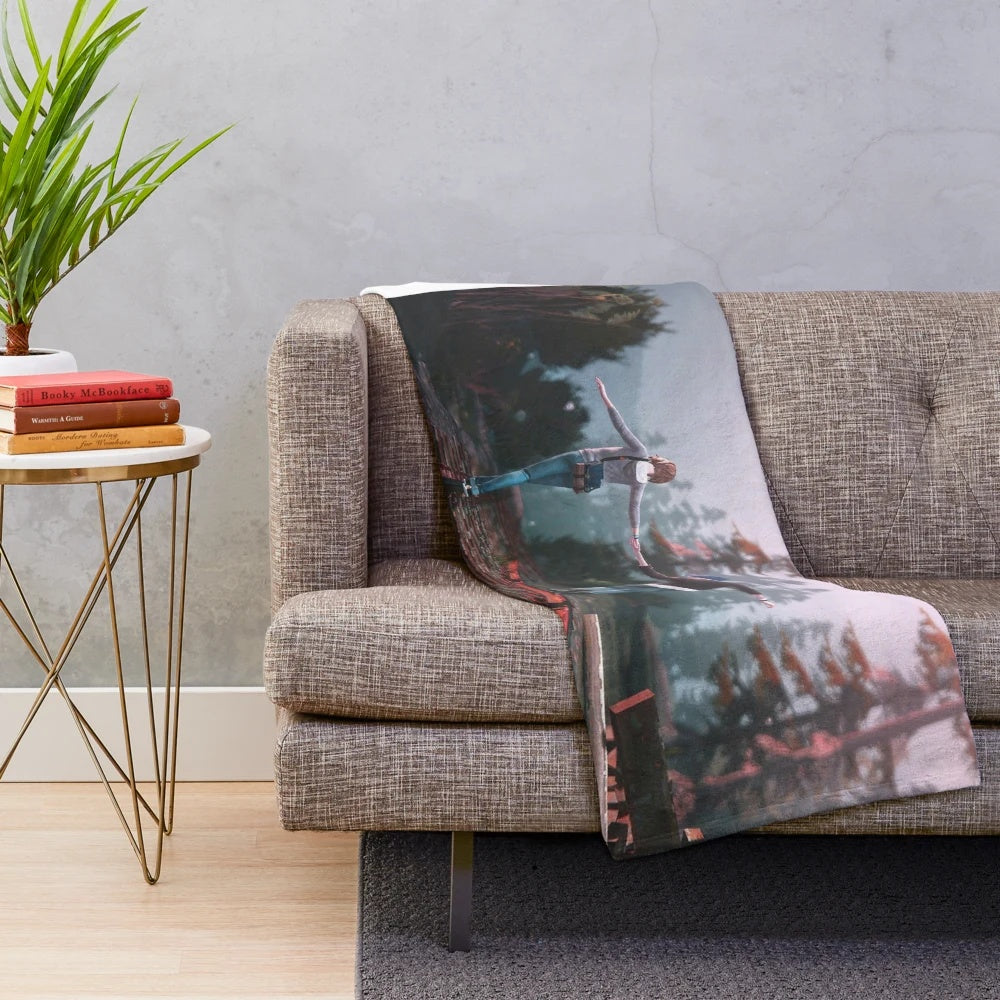 Life is Strange-inspired plush blanket featuring a railroad track design and butterflies