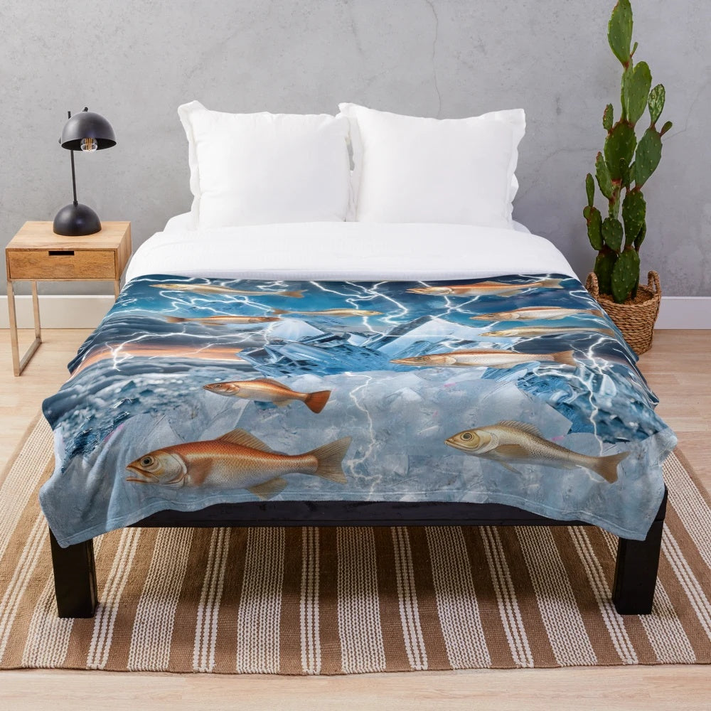 Lightning fish plush blanket with surreal, artistic design