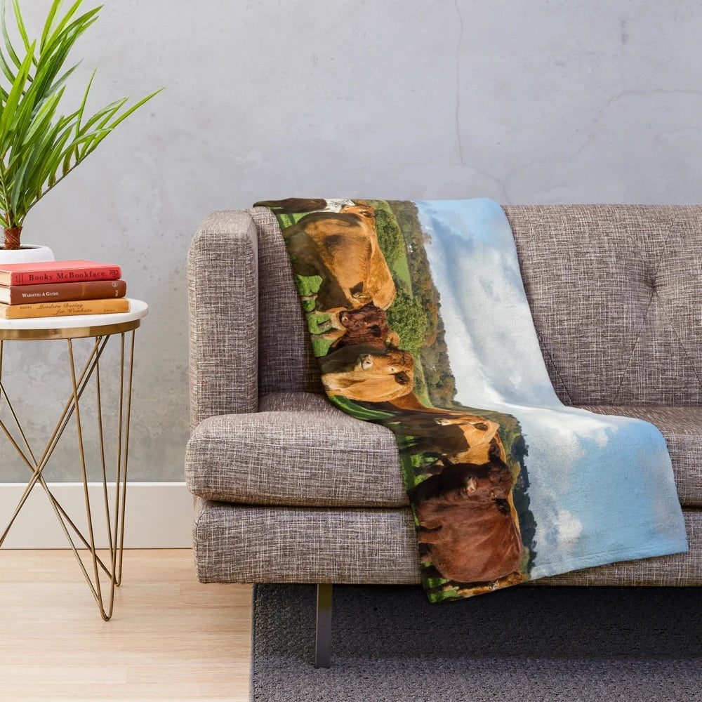 Limousin cow plush blanket with soft, hairy texture